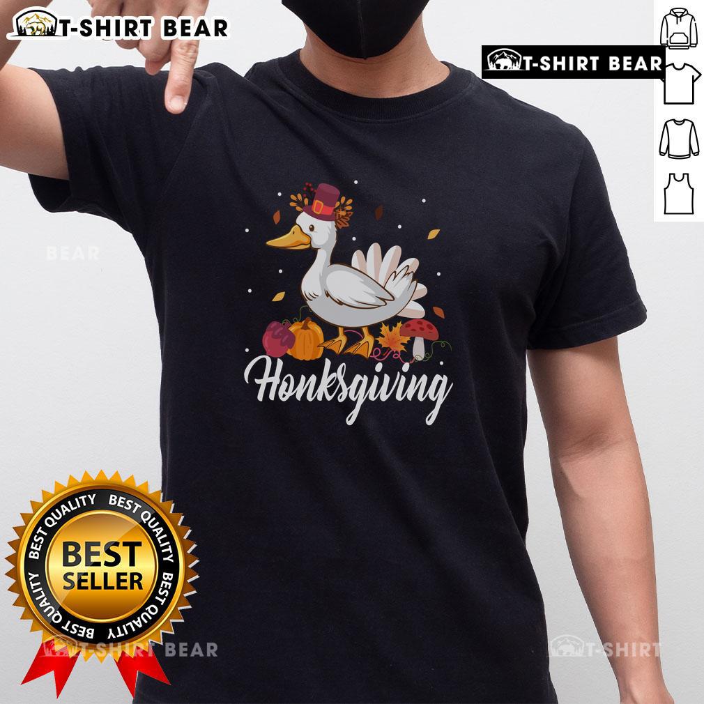 Cute Honksgiving Funny Goose Thanksgiving T-Shirt featuring a playful goose graphic and festive autumn colors. Perfect for Thanksgiving!