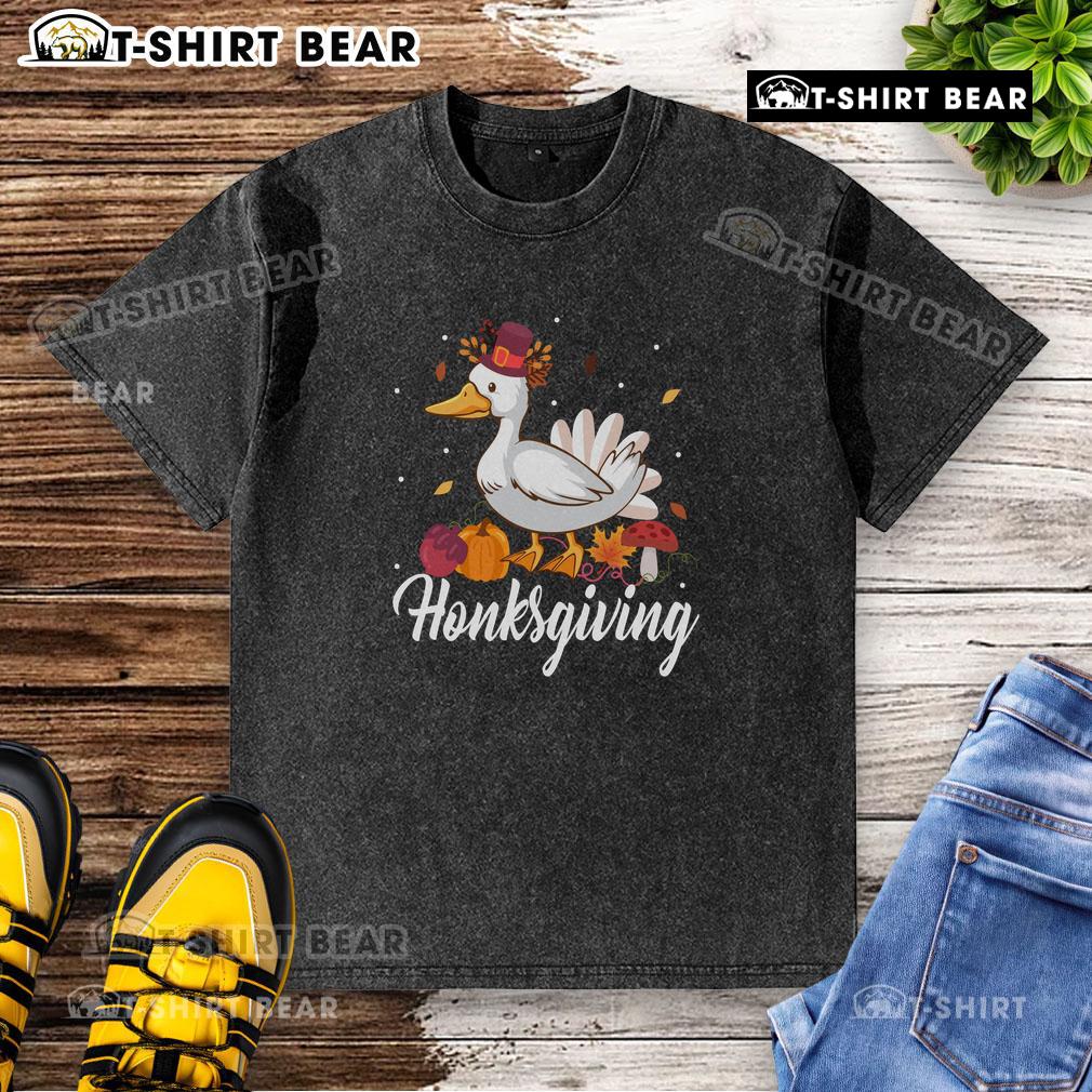 Alt Text: Cute Honksgiving funny goose Thanksgiving washed t-shirt featuring a playful goose design for festive celebrations.