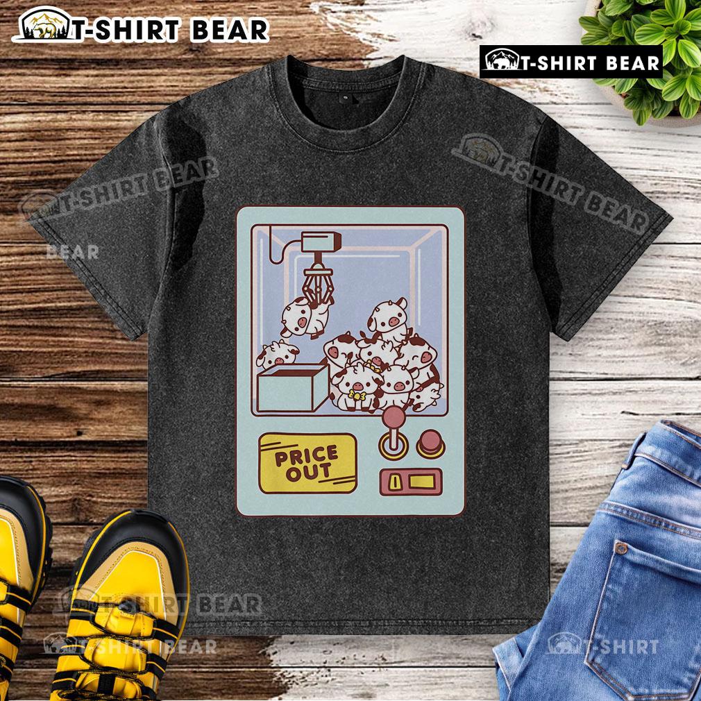 Cute Kawaii Cow Claw Machine Price Out Washed T-Shirt featuring a playful cow graphic and soft fabric design.