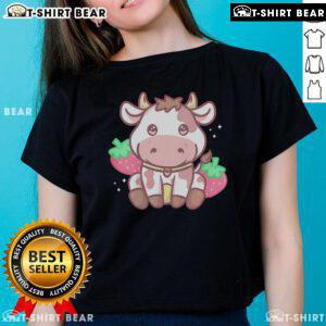 Cute Kawaii Strawberry Cow Ladies Tee featuring a playful cow design with strawberries, perfect for casual fashion lovers.