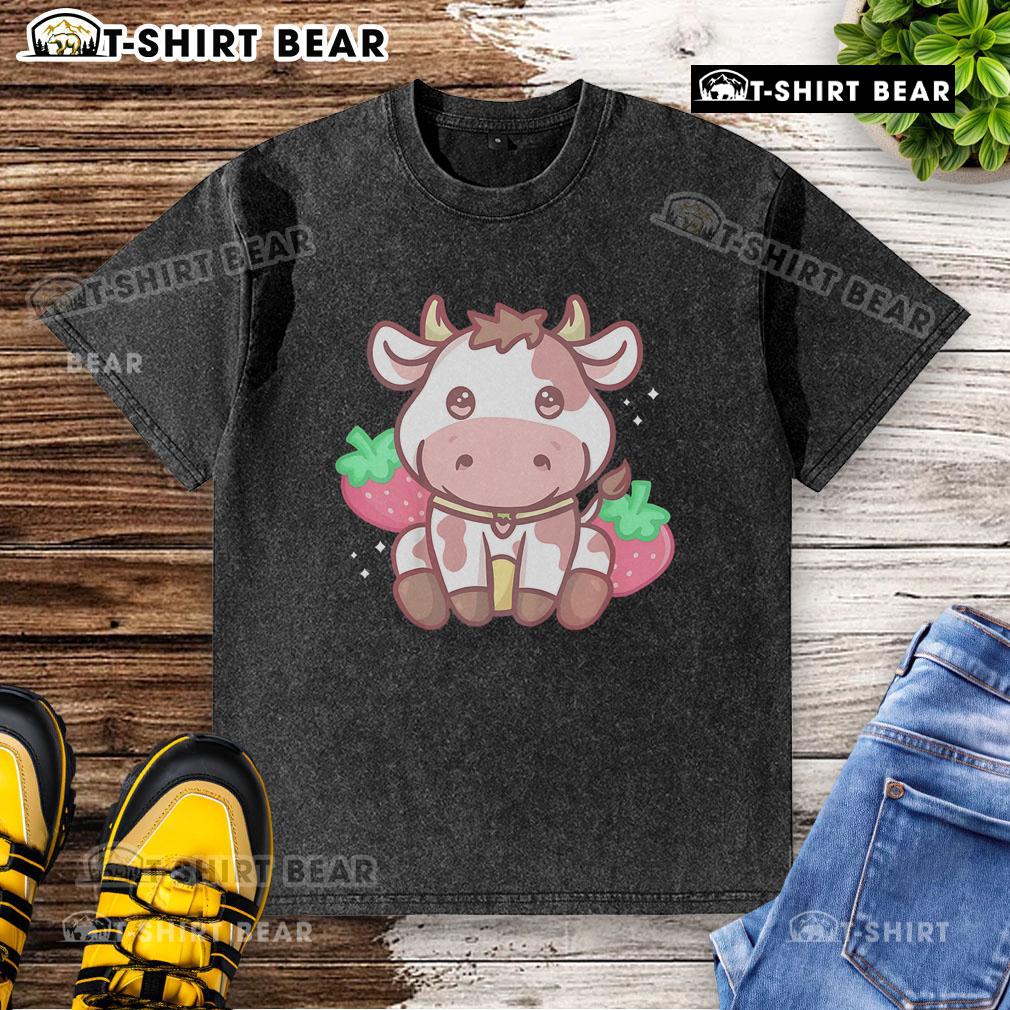 Cute kawaii strawberry cow washed t-shirt featuring a playful design perfect for casual wear and anime fans.