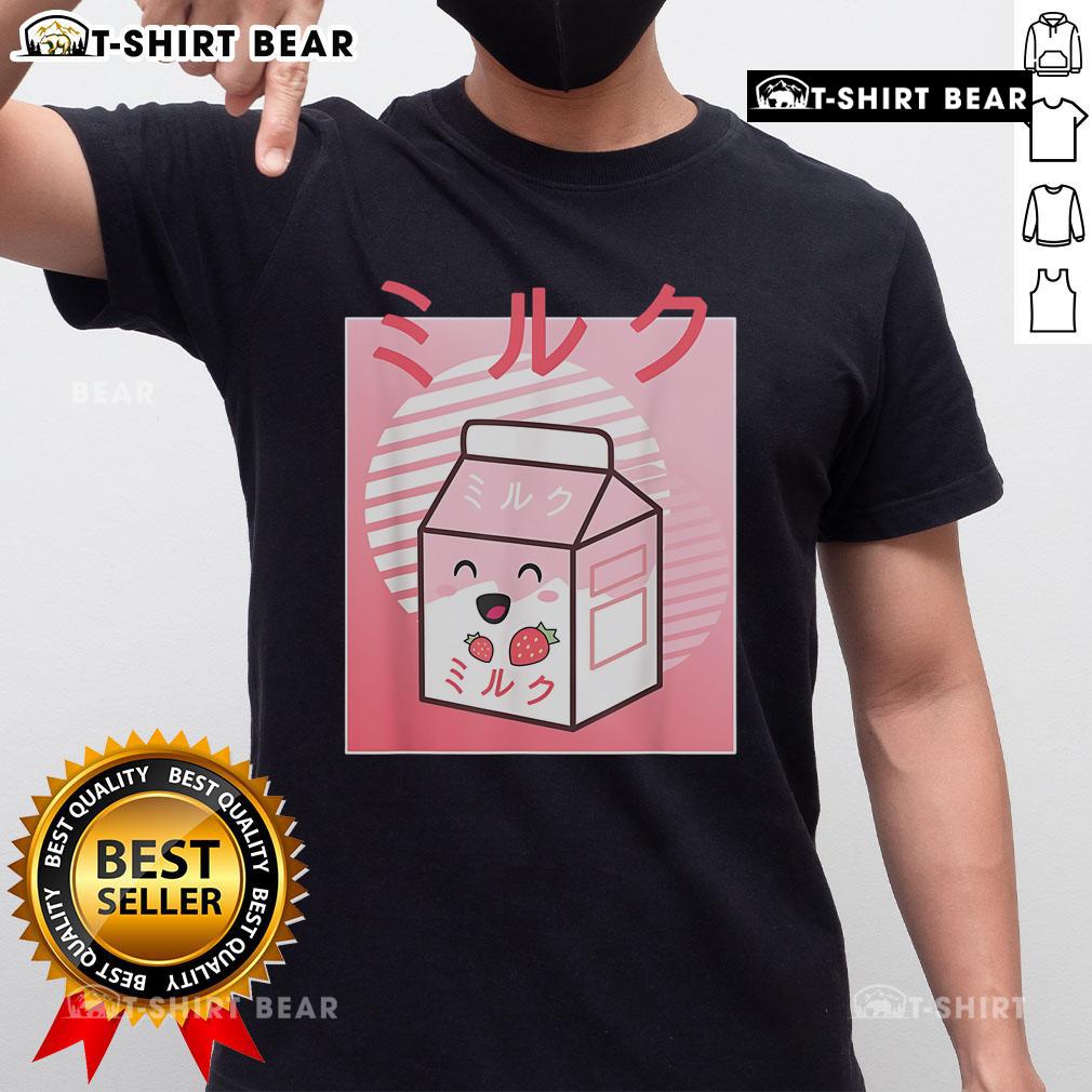 Adorable kawaii strawberry milk graphic on a trendy Japanese aesthetic T-shirt, perfect for cute fashion lovers.