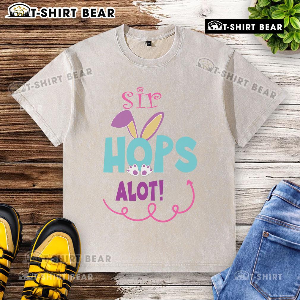 Cute Sir Hops Alot bunny Easter rabbit graphic on a washed t-shirt, perfect for spring celebrations and Easter festivities.