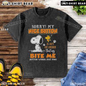Alt Text: Cute Snoopy and Woodstock graphic on a washed t-shirt, featuring Sorry, my nice button is out of order design.