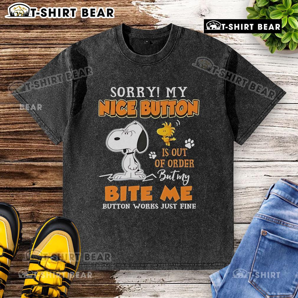 Alt Text: Cute Snoopy and Woodstock graphic on a washed t-shirt, featuring Sorry, my nice button is out of order design.