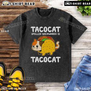 Alt Text: Cute Tacocat washed t-shirt featuring the phrase Tacocat spelled backwards is Tacocat in playful font.