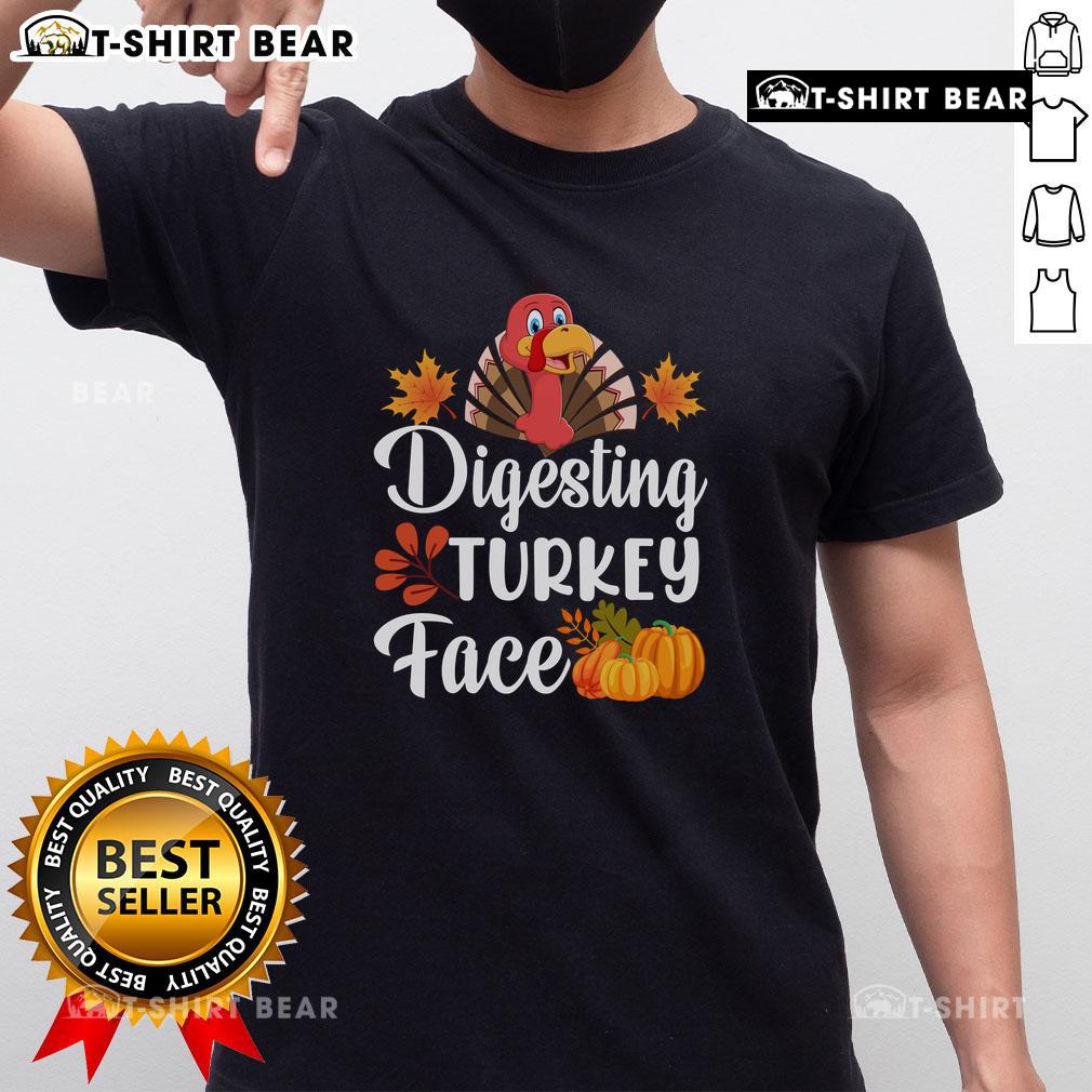 Funny Digesting Turkey Face Thanksgiving T-Shirt featuring a humorous turkey graphic, perfect for holiday celebrations.