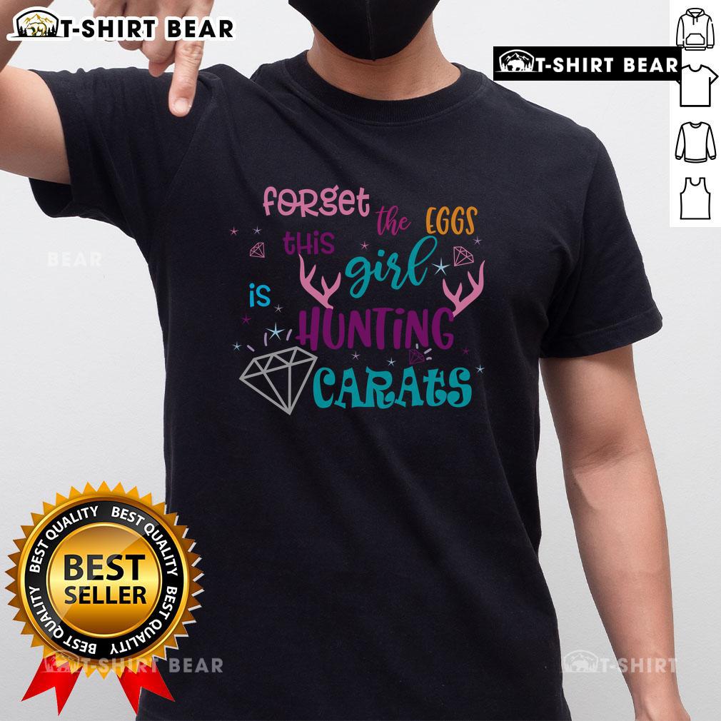 Girl in a humorous T-shirt saying 'Forget The Eggs, I'm Hunting Carats' for Easter diamond-themed celebration.