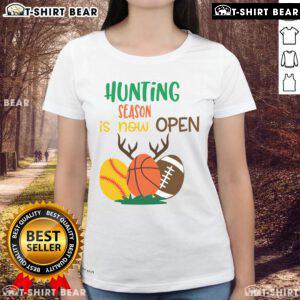 Funny hunting season is now open tee featuring sports ball and antlers, perfect for ladies who love outdoor humor.