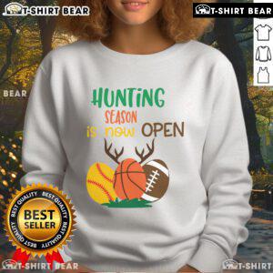 Funny hunting season sweatshirt with sports ball and antlers design, perfect for outdoor enthusiasts and hunters.