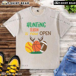Funny hunting season is now open t-shirt featuring sports ball and antlers design, perfect for outdoor enthusiasts.