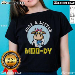 Funny Just A Little Mood Dy Cow Ladies Tee featuring a playful cow graphic and humorous text on a stylish shirt.
