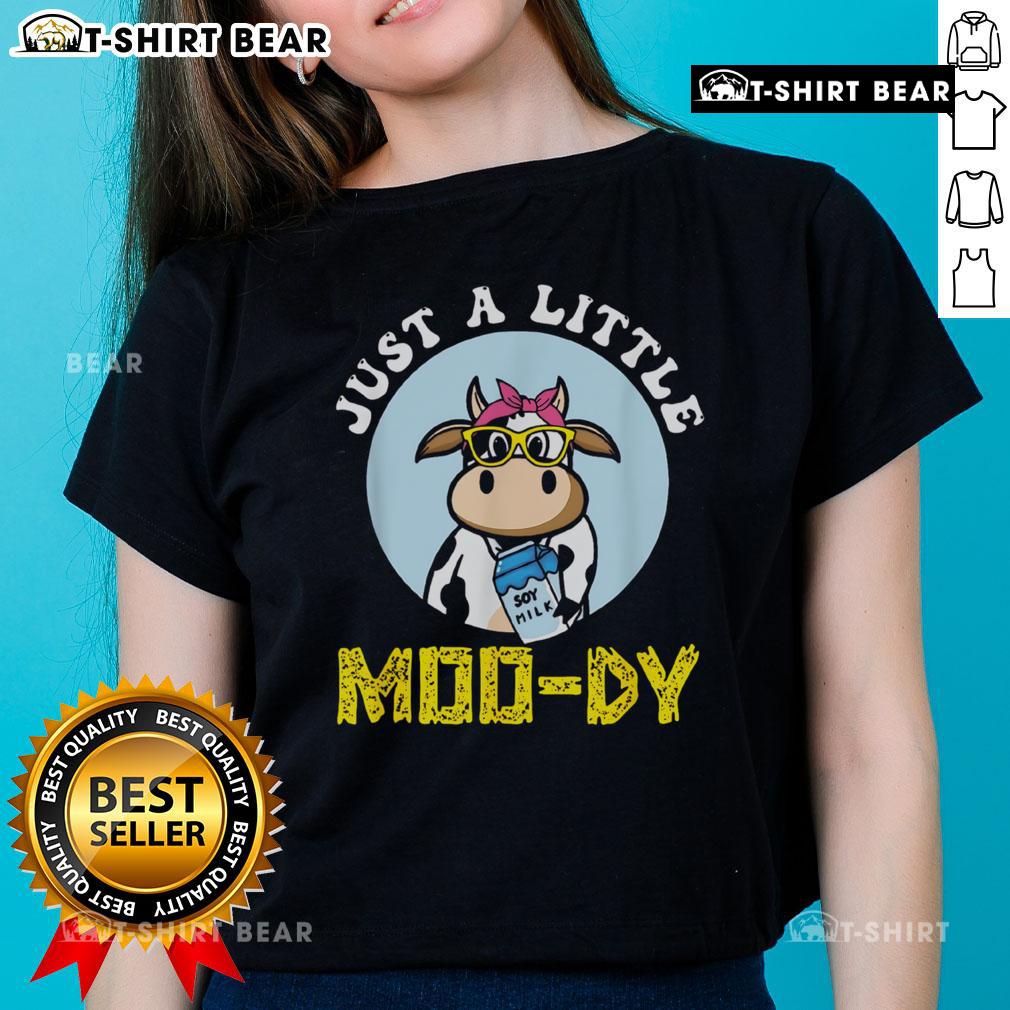 Funny Just A Little Mood Dy Cow Ladies Tee featuring a playful cow graphic and humorous text on a stylish shirt.