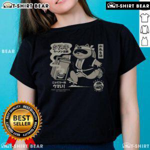Funny retro Japanese tanuki ramen delivery tee featuring noodle ladies in a whimsical design, perfect for food lovers.