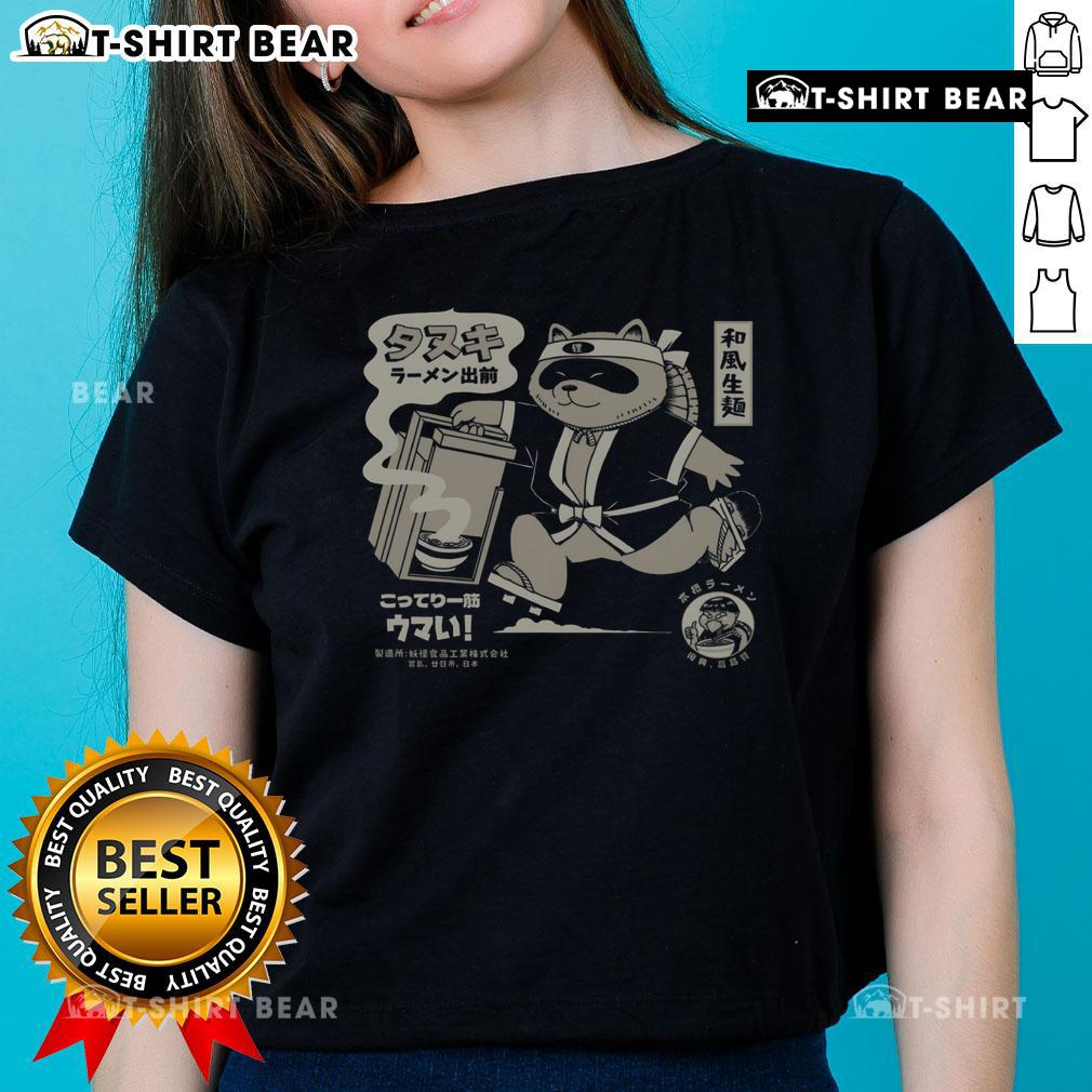 Funny retro Japanese tanuki ramen delivery tee featuring noodle ladies in a whimsical design, perfect for food lovers.