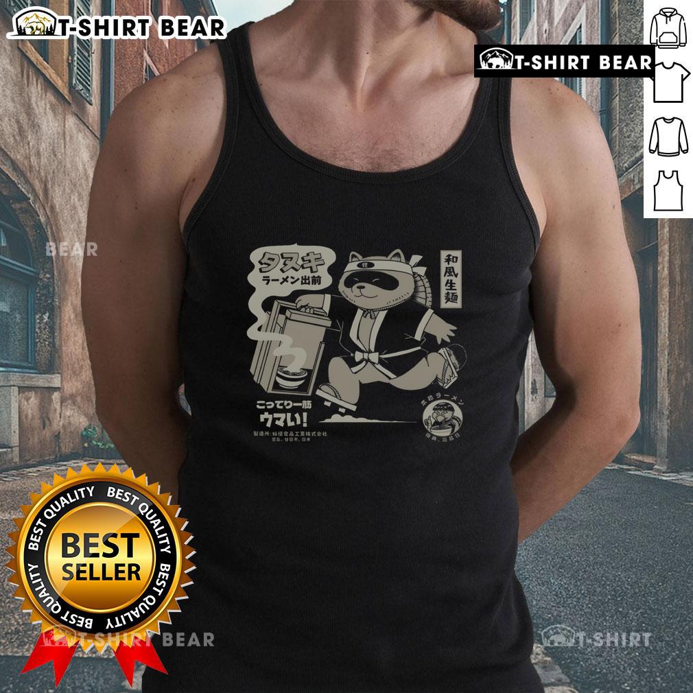 Funny retro Japanese tanuki ramen delivery noodle tank top featuring a playful design of a tanuki with noodles.