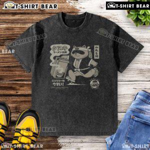 Funny retro Japanese tanuki ramen delivery t-shirt design featuring a playful tanuki with noodles, perfect for noodle lovers.