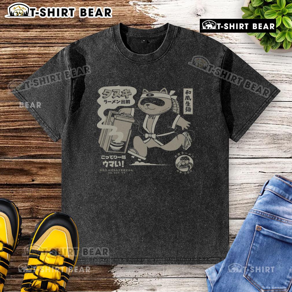 Funny retro Japanese tanuki ramen delivery t-shirt design featuring a playful tanuki with noodles, perfect for noodle lovers.