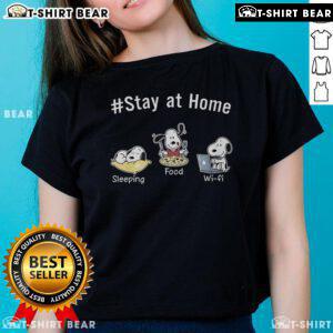 Funny Snoopy stay-at-home sleeping graphic on a food and Wi-Fi themed Peanuts ladies tee shirt.