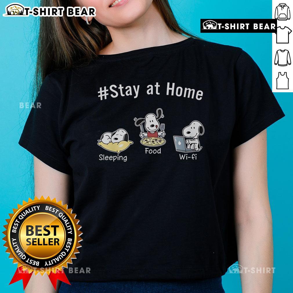 Funny Snoopy stay-at-home sleeping graphic on a food and Wi-Fi themed Peanuts ladies tee shirt.