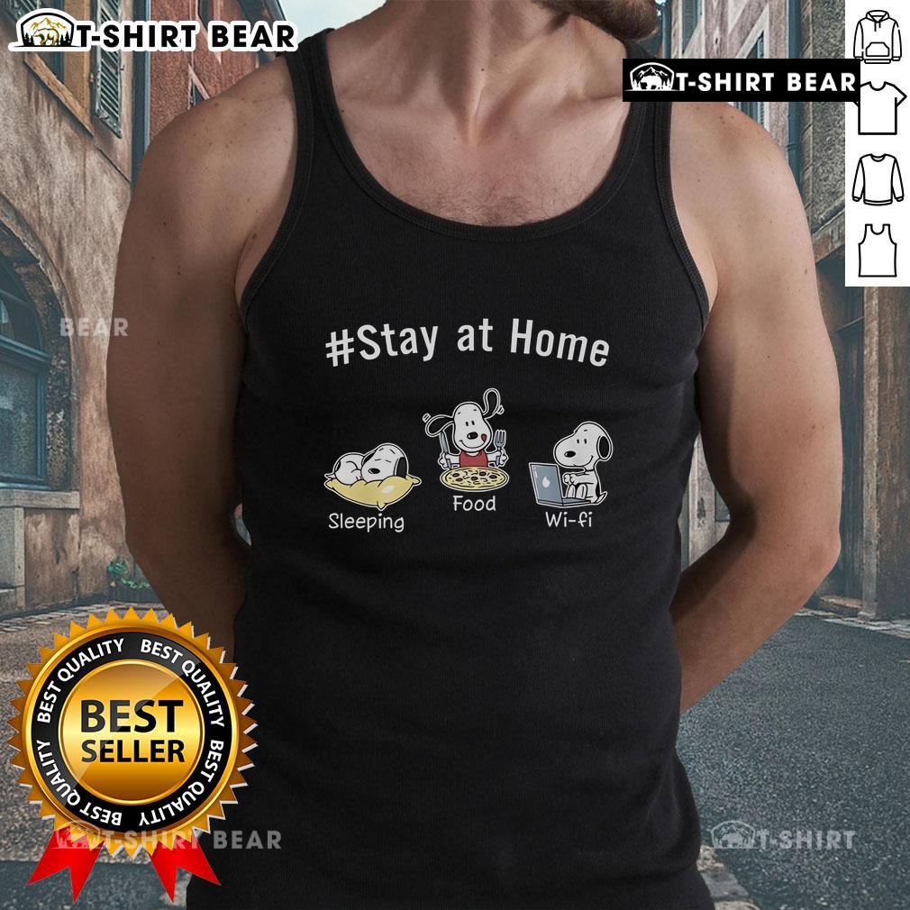 Funny Snoopy Stay-at-Home tank top featuring Snoopy sleeping, food, and Wi-Fi, perfect for Peanuts fans.