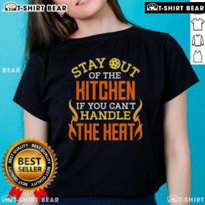 Alt Text: Funny 'Stay Out Of The Kitchen If You Can't Handle The Heat' pickleball ladies tee with vibrant graphics.