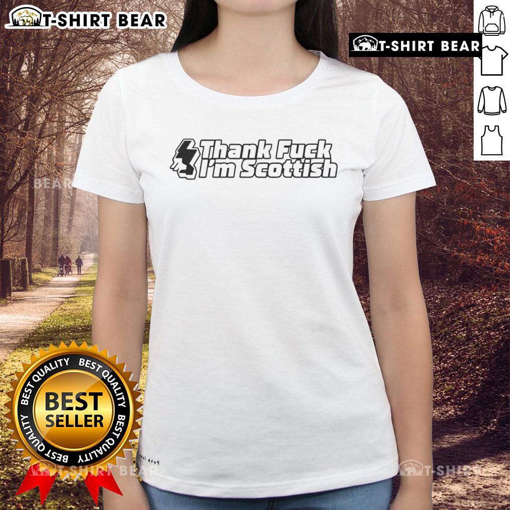 Funny 'Thank F*ck I'm Scottish' ladies tee featuring humorous text and stylish design, perfect for proud Scots.