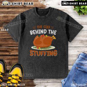Funny guy wearing a Thanksgiving-themed washed t-shirt with stuffing design, perfect for holiday celebrations and humor.