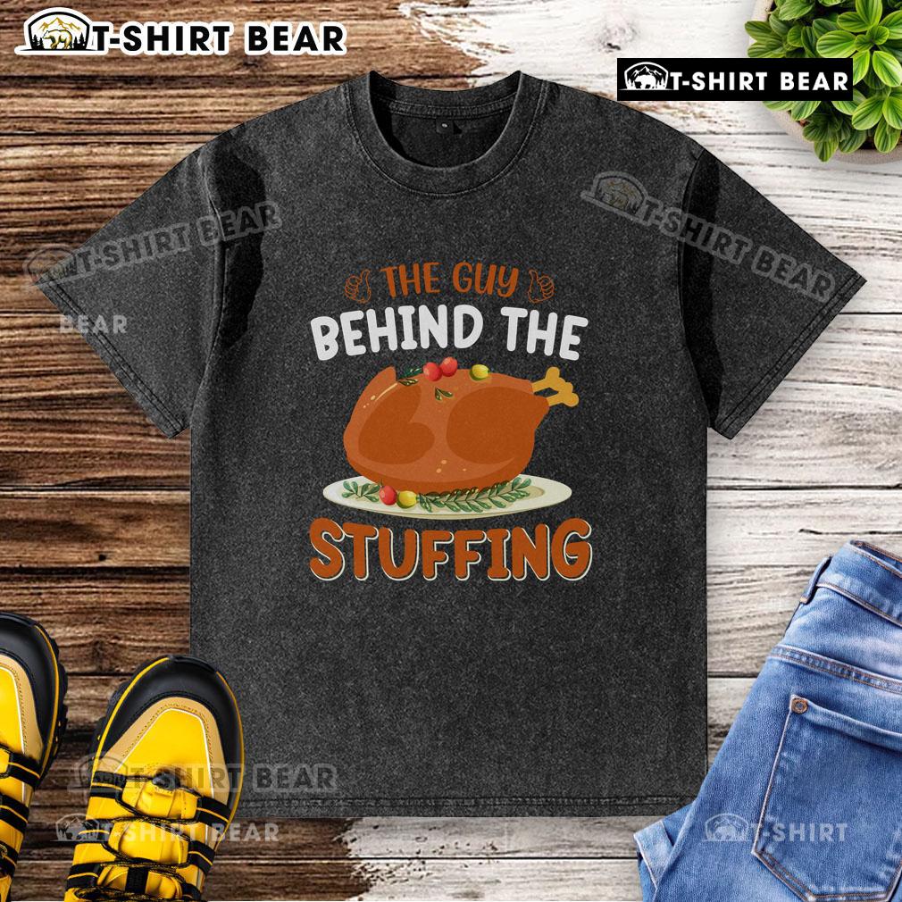 Funny guy wearing a Thanksgiving-themed washed t-shirt with stuffing design, perfect for holiday celebrations and humor.