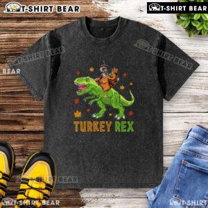 Funny Turkey Rex Thanksgiving washed t-shirt featuring a playful dinosaur design perfect for holiday celebrations.