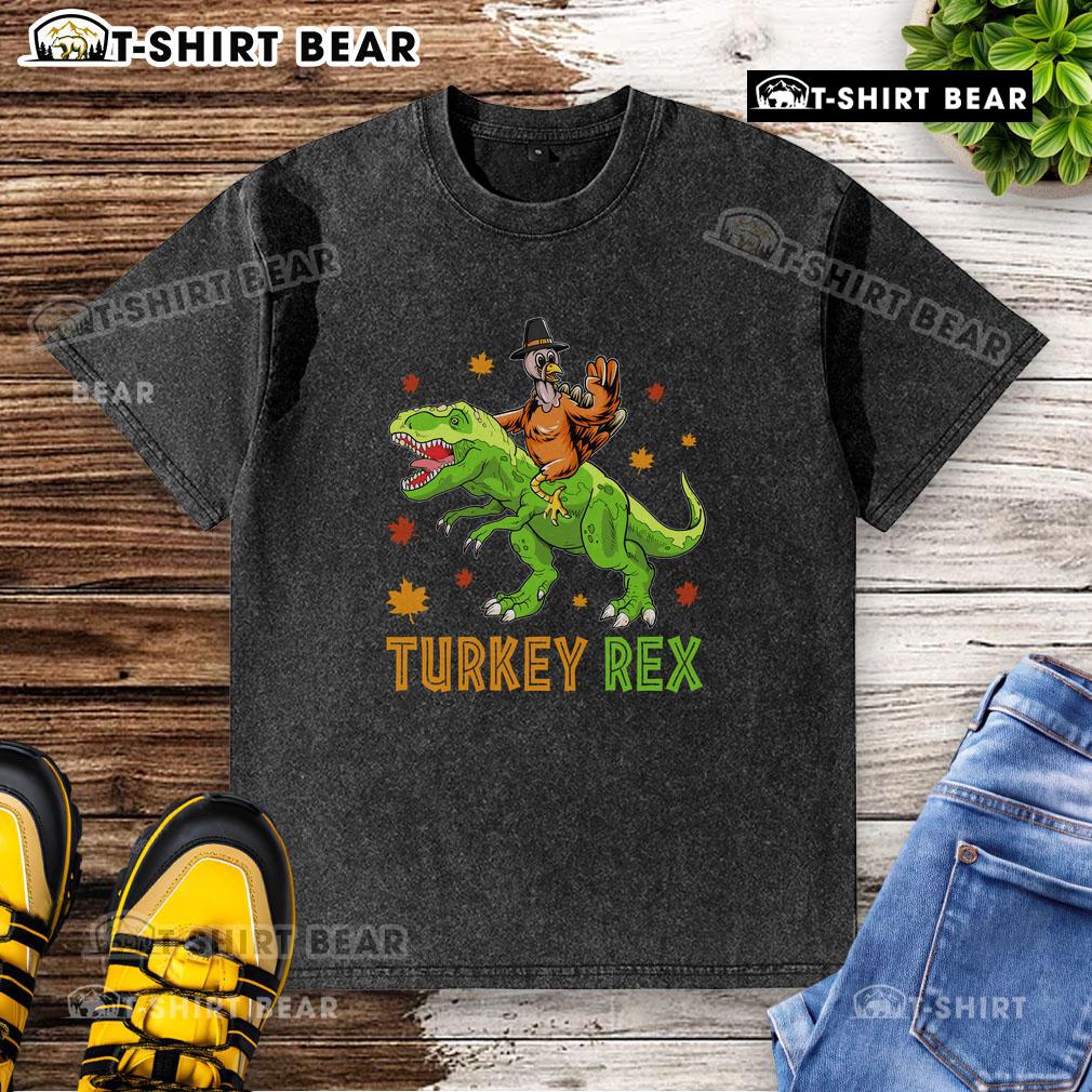 Funny Turkey Rex Thanksgiving washed t-shirt featuring a playful dinosaur design perfect for holiday celebrations.