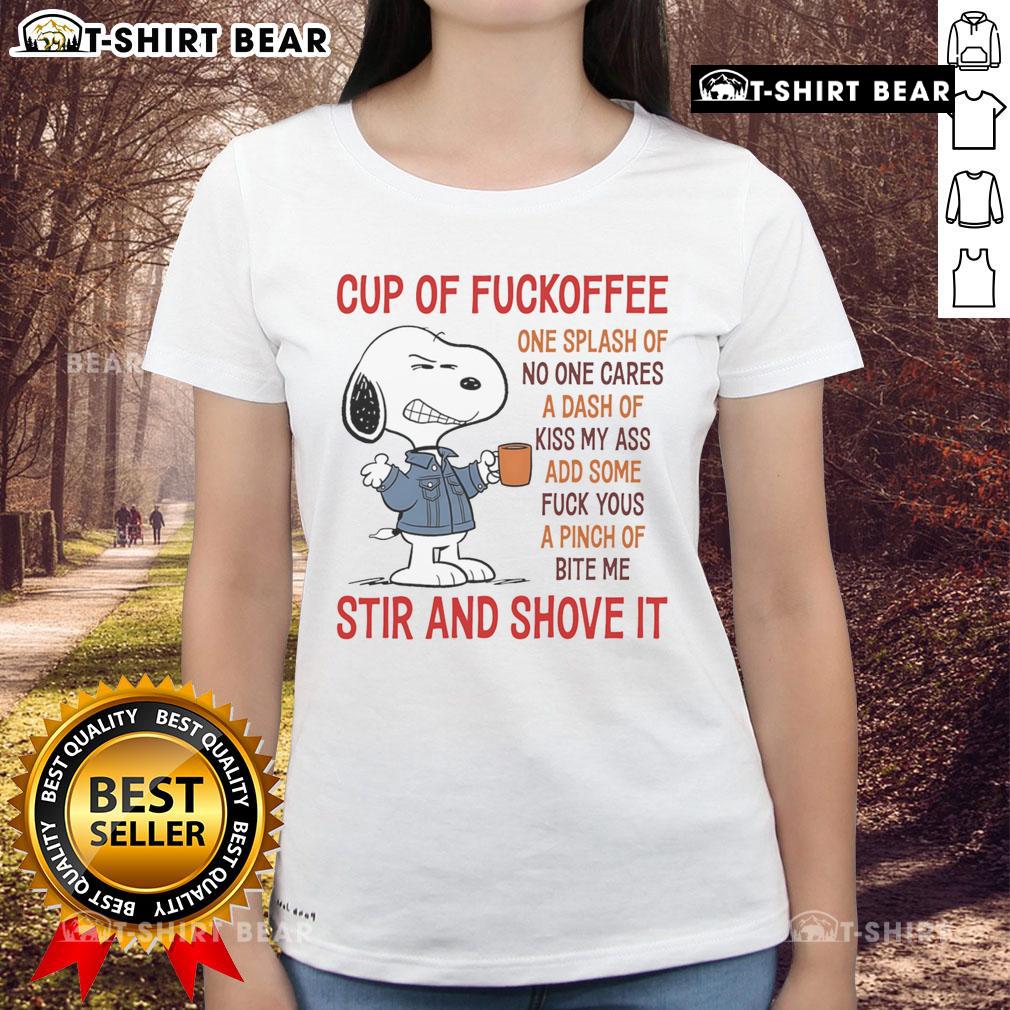 Good Snoopy Cup of Coffee tee featuring playful text, perfect for coffee lovers with a humorous twist.