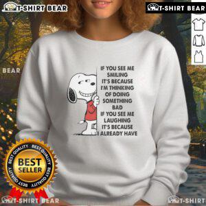 Alt Text: Good Snoopy sweatshirt with playful quote about mischief, perfect for fans of Charlie Brown and Peanuts humor.