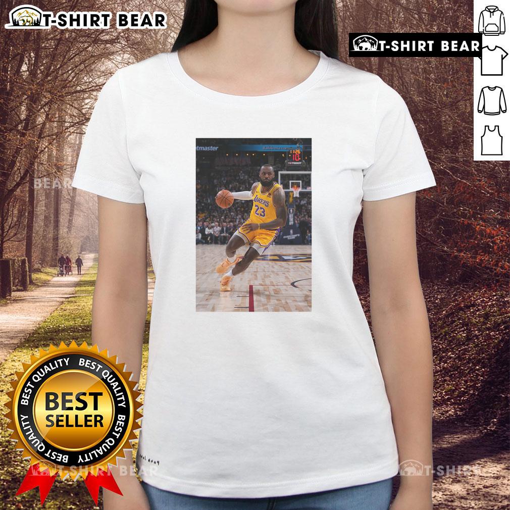 Hot LeBron Los Angeles Lakers Basketball Number 23 Superstar Pose Ladies Tee, showcasing vibrant team colors and stylish design.