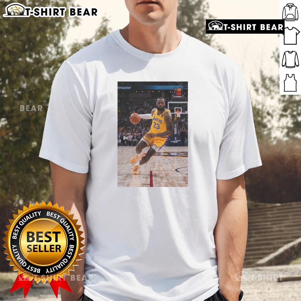 Alt Text: Hot LeBron Los Angeles Lakers Basketball Number 23 Superstar Pose T-Shirt showcasing vibrant design and team spirit.