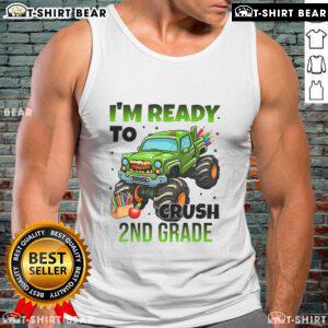 Child wearing 'I'm Ready to Crush 2nd Grade' monster truck tank top, showcasing fun and playful school spirit.