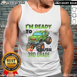 Girl wearing a 'Nice, I'm Ready to Crush 3rd Grade' monster truck tank top, ready for school and fun adventures.