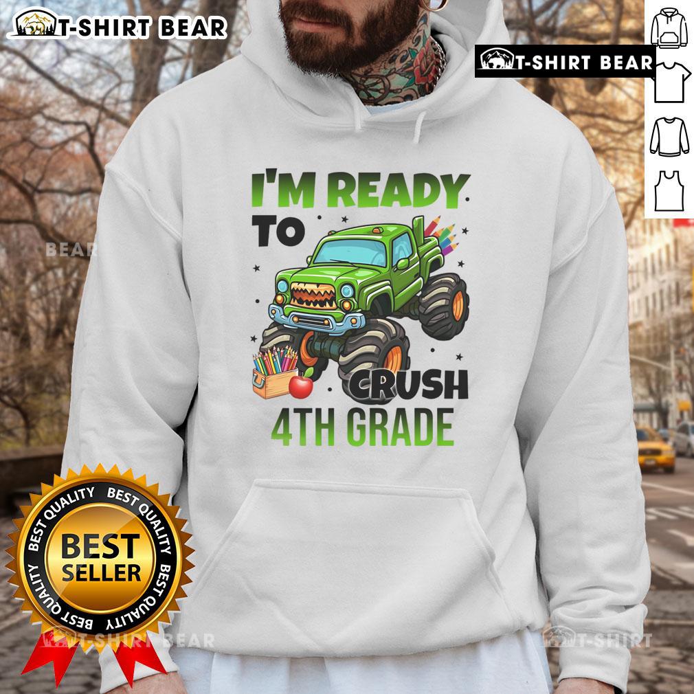 Child wearing a 'Nice I'm Ready to Crush 4th Grade' monster truck hoodie, excited and ready for school adventures.