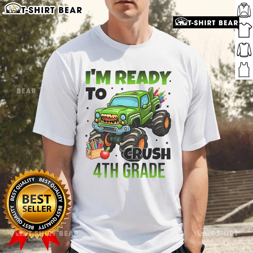 Child wearing 'Nice I'M Ready To Crush 4th Grade' monster truck t-shirt, ready for school adventures and fun.