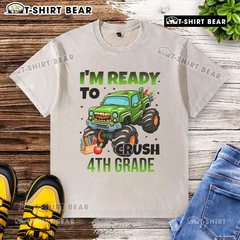 Child wearing a washed 'I'm Ready to Crush 4th Grade' monster truck t-shirt, showcasing a fun and adventurous style.