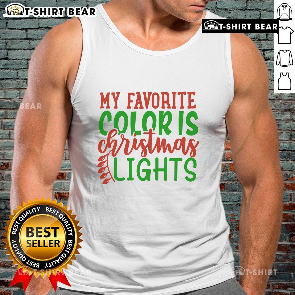 Woman wearing 'My Favorite Color Is Christmas Lights' tank top, showcasing festive holiday spirit and vibrant colors.