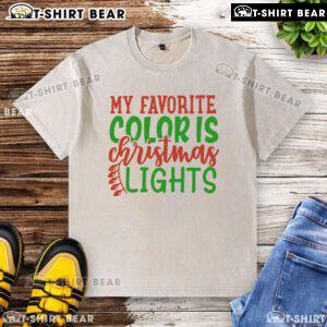 Alt Text: Washed t-shirt featuring 'My Favorite Color is Christmas Lights' graphic, perfect for festive holiday wear.
