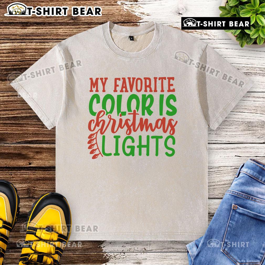 Alt Text: Washed t-shirt featuring 'My Favorite Color is Christmas Lights' graphic, perfect for festive holiday wear.