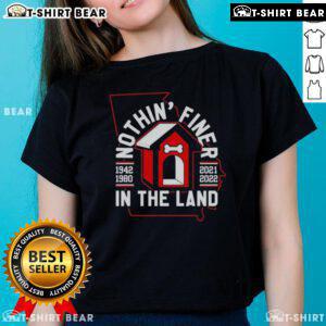 Georgia Bulldogs football ladies tee featuring 'Nothin Finer In The Land' design, perfect for fans and game day attire.