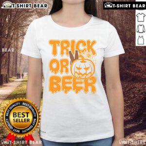 Women's Halloween tee featuring 'Nice Trick or Beer' design, perfect for festive celebrations and spooky season apparel.