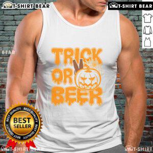 Funny Halloween tank top featuring 'Nice Trick or Beer' design, perfect for festive celebrations and costume parties.