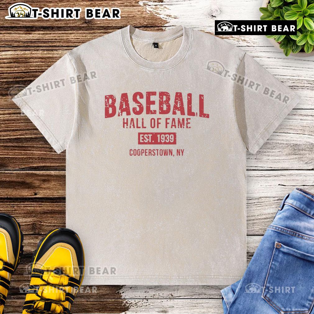Official Baseball Hall of Fame Est 1939 Cooperstown NY washed t-shirt featuring vintage design and soft cotton fabric.