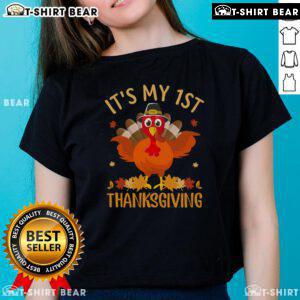 Official It's My 1st Thanksgiving Turkey Ladies Tee featuring a festive turkey design for a joyful Thanksgiving celebration.