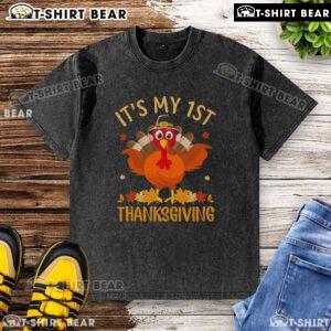 Official It's My 1st Thanksgiving Turkey Washed T-Shirt featuring a festive turkey design for baby's first holiday celebration.