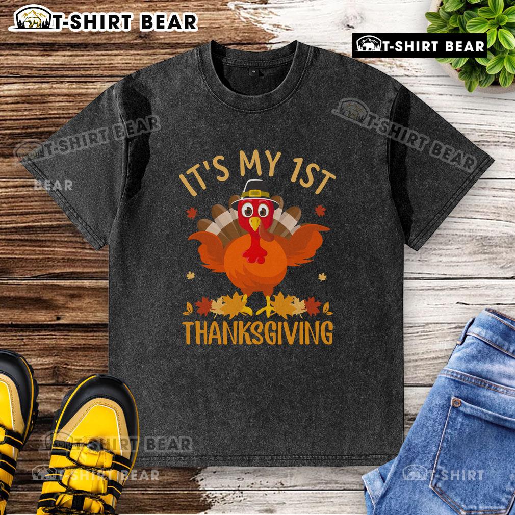Official It's My 1st Thanksgiving Turkey Washed T-Shirt featuring a festive turkey design for baby's first holiday celebration.
